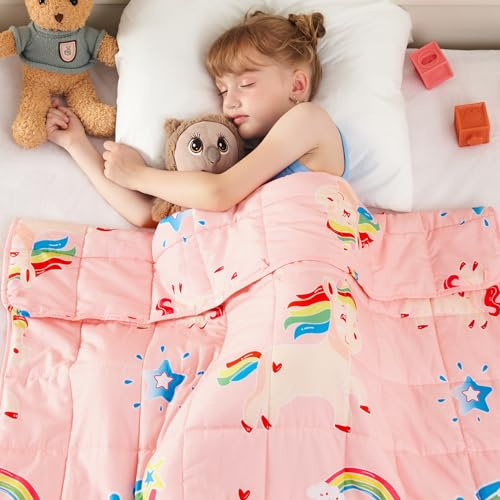 yescool Unicorn Weighted Blanket 5 Pounds Cooling Weighted Lap Blanket, Pink Rainbow Heavy Blankets, Breathable Weighted Throw Blanket Gift for 40-60lbs, 36x48
