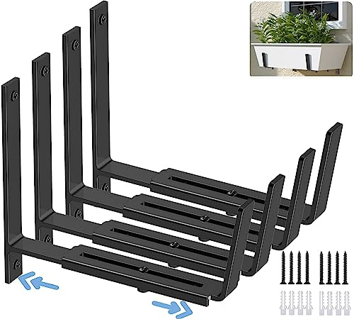 HFHOME 4 PCS Adjustable Planter Box Brackets (6 to 12.5 in), Universal Window Box Brackets, Heavy Duty Metal Flower Box Wall Mounting Hooks for Balcony, Fences, Patio, and Garden - Black
