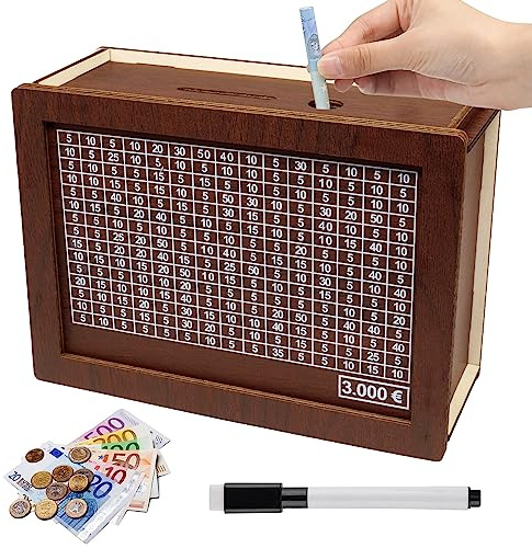 Tirelire en Bois, Tirelire Enfant avec Objectif D'épargne et Chiffres à Cocher, Réutilisable Tirelire, Tirelire Enfant, Numérique Tirelire pour Aider Les Enfants à Commencer à Economiser (3000€)