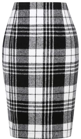 Kinghua Falda lápiz de Lana a Cuadros para Mujer, para otoño e Invierno, Cintura Alta, con Abertura, Longitud hasta la Rodilla, Falda Midi, Negro Blanco, L