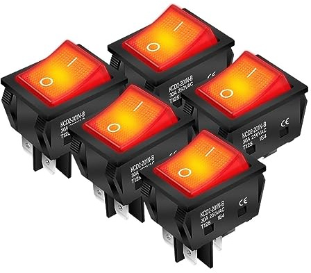 SHOKHI 5PCS 30A 250V Heavy Duty Compatible avec KCD4 Interrupteur à Bascule on Off Compatible avec DPST 4 Broches avec Interrupteur à Bascule 220V éclairé Rouge T125