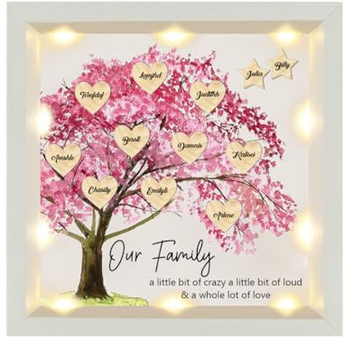 Personalized Name Family Tree Shadow Box with Lights,Custom LED Memory Wooden Shadowbox with Kids Name Picture Frame Display Case,Christmas Birthday Gift for Mom Nana Grandma,Style 1
