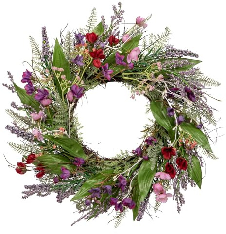 Briful 18’’ Artificial Lavender Wreath Year-Round Faux Wildflowers Green Floral Wreaths for Farmhouse Front Door Mantle Bedroom Kitchen Decor