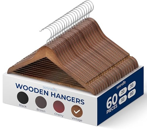 SereneLife Wood Hangers - Space Saving Heavy Duty Slim Suit Clothes Hanger Set with 360 Degree Swivel Metal Hook, Can Hold Up to 10 Lbs. for Coats, Jackets, Pants & Dress (60 Pieces)