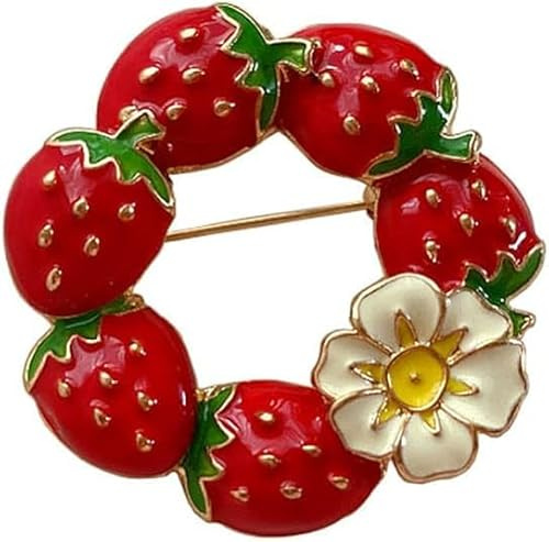 Chenxiaonan Erdbeer- und Blumen Brosche - Frische Luftige Erdbeertropfen-Emaille in Rot mit Obst Design