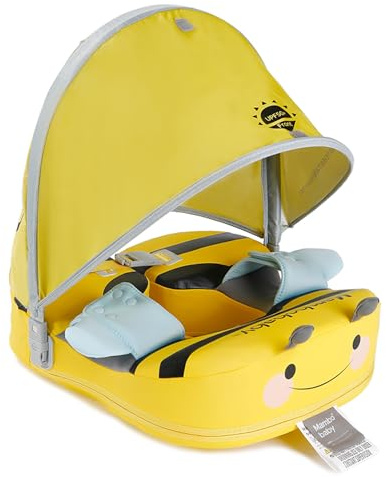 Baby Float with Crotch Strap & Inflation-Free Solid Core Mambobaby Kid Swimming Ring Have Sunshade6-36 Months Old Swim Pool Tube (Float M with Canopy)