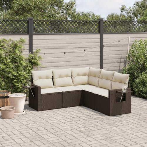 Rantry 5-TLG. Gartensofa Set mit Kissen Gartenlounge Gartenmöbel Loungesofa Balkonmöbel Ecklounge Ecksofa Sitzgruppe Loungemöbel für Garten Terrasse und Balkon Braun Poly Rattan
