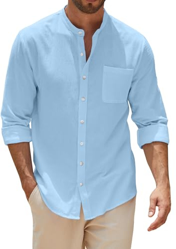 NANAMEEI Chemise Homme Lin Manches Longues Chemise Homme Coupe Décontractée Boutonné Eté de Plage Bleu Clair L