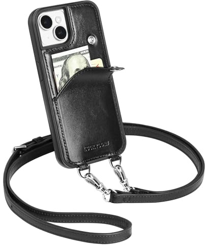 LUCKYCOIN Crossbody Wallet Phone Case for iPhone 13,100% Genuine Leather Phone Purse Case for Women,with Expandable Card Holder,with Adjustable & Removable Strap Retro Black