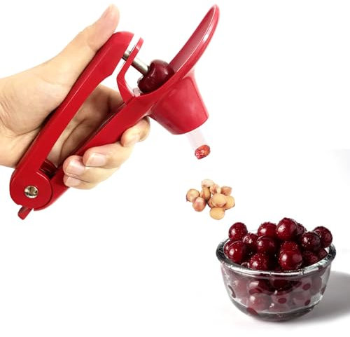 Cherry Pitter - Stainless Steel Olive and Cherries Pitters Corer Tool with Space-Saving Lock Design, Multi-Function Fruit Pit Remover for Cherry Jam (Red)