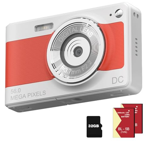 Digitalkamera 1080P FHD Kompaktkamera 56MP Kamera Einfache Vlogging-Kamera mit 32G TF-Karte 2 Batterien Tragbare Digitalkamera für Kinder Teenager Studenten Senioren Anfänger (Orange Weiß)