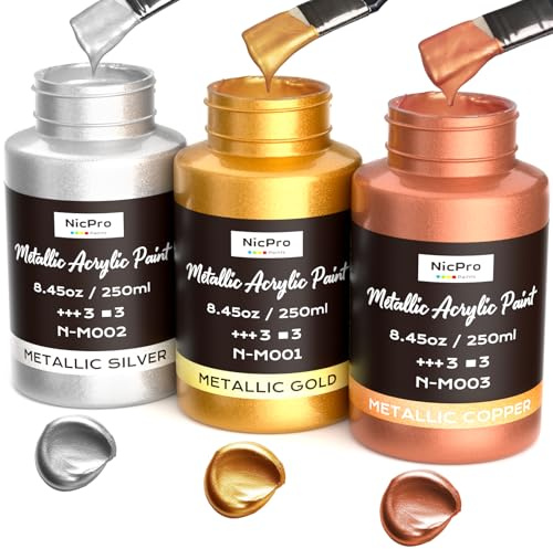 Nicpro Pintura acrílica metalizada,3 colores: dorado,plateado y cobre,750 ml.No tóxica,resistente a la luz,ideal para pintura artística,ideal para múltiples superficies:lienzo,madera,arcilla y metal.