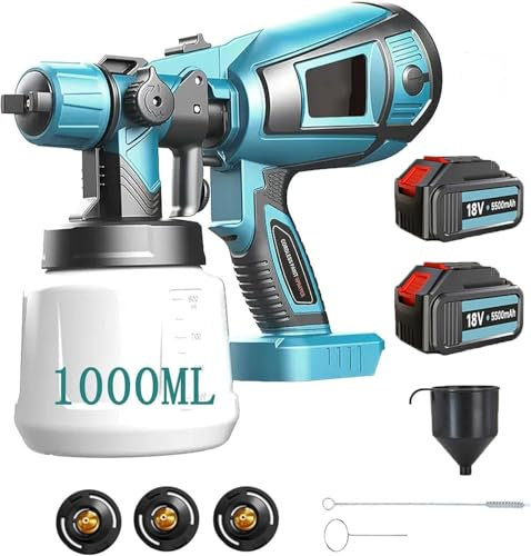 ONEVAN Pistola pulverizadora de pintura inalámbrica, 80Din 650ML/MIN, sistema de pulverización de pintura eléctrico de 1200ML con 4 boquillas (1,0/1,8/2,0/2,5 MM), con 2 baterías de 3000mAh y cargador
