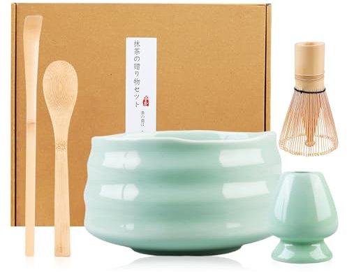 BORDEAG Matcha Set, Matcha-Set-Zubehör, MatchaBesen, mit Matcha-Schneebesen, Besenhalter, Matcha Schale aus Keramik, 2 Teelöffel, Hochwertiges Matcha Tee Zubehör Matcha Set