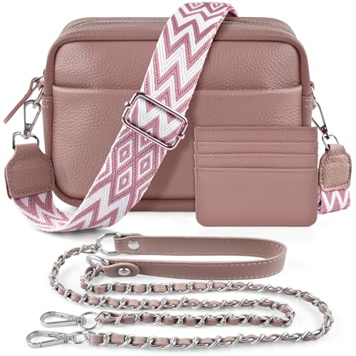 BROTOU Handy Umhängetasche Echtes Leder Crossbody Bag mit 2 Breitem Schultergurt Kartenhalter, Schwarz UmhäNgetasche Damen Leder UmhäNgetasche Damen, Kleine Tasche Damen mit 3 Fächern