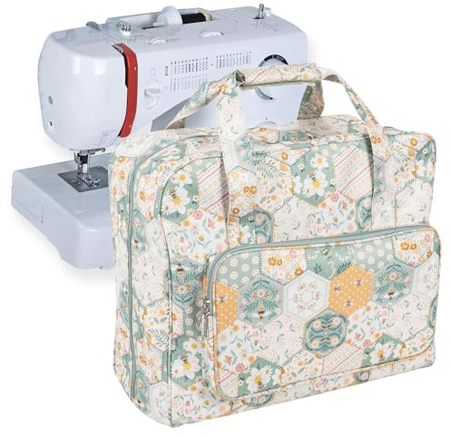 Hobby Gift Sewing Machine Bag – Contemporary Patchwork Bee Print, Reinforced Handle, Front Pocket, Protective Storage & Transportation, 20 x 44 x 38cm