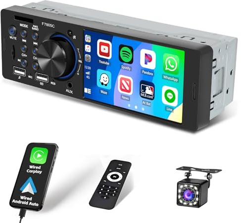 Inefala Autoradio 1 Din Carplay med Android Auto FM/RDS Radio med Mirror Link, 4 Pekskärm Bilradio Bluetooth med SWC EQ Backkamera Mikrofon USB/AUX/TF-kortstöd