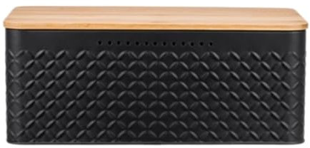 Panera de metal con tapa de bambú, panera para almacenamiento de encimera, tapa de tabla de cortar, contenedor de almacenamiento de pan negro
