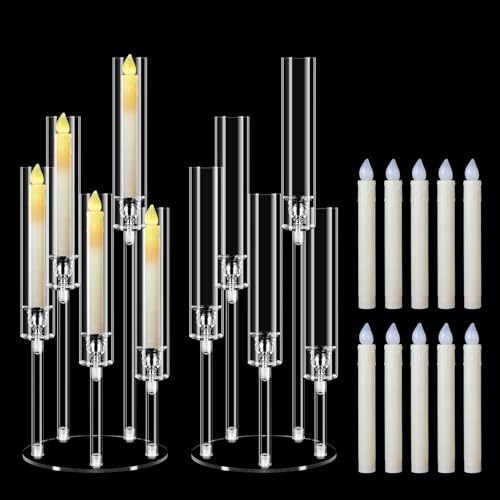 2 Stück Set MSDADA 5-armige Acryl Kerzenständer mit LED-Kerzen, 58 cm Hohe Kandelaber für Festliche Tischdeko, Hochzeitsdeko Weihnachtsdeko, inkl. 10x Flammlosen Kerzen