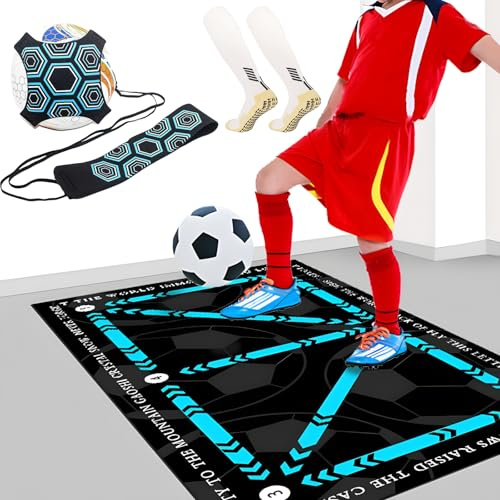 Football Training Mat, 90 x 60cm Football Footstep Trainning with Anti-Slip Socks & Footballs Training Belt, Footballs Mastery Mat non-slip Carpet for Ball Control Practice, Gift for Boys Kids Adults