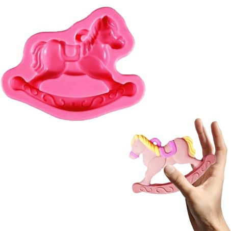 YAFIYGI Rocking Horse Cake Topper Silicone Fondant Mold Pink Ride On Horse Cutter Resin Mould for Decorating DIY Candy Chocolate Sugar Craft Soap Plaster Clay Baking Tools
