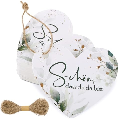 Hurifeng 50 Stück Herz Geschenkanhänger mit grünen Blättern – Dekorative Papieranhänger mit 10m Schnur, ideal für Hochzeit, Babyparty, Geburtstagsgeschenke, Gastgeschenke und Dekorationen