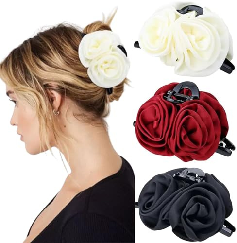 LAOYEFACAI Fermagli per capelli 3 pezzi Fermagli a forma di rosa floreali con fiocco antiscivolo per capelli floreali per donne Ragazze Regali