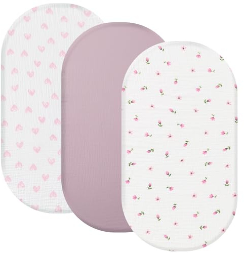 Spannbettlaken Kinderwagen 81x42 cm Musselin Baby Stubenwagen – 100% Baumwolle, Weich & Atmungsaktiv, Passend für Kinderbett & Kleinkinderbett – Sanft zur Babyhaut, 3er Set (Rosa, 42x81cm)