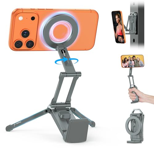 OMOTON TP02 Aluminium Magnetisches Handy Stativ, für Vlog Reise Gym, Grau | 158g, 360° Drehbar, N52 Magnete, C-Klemme & Magnetische Rückseite, Handyhalterung für iPhone 17/16/15/14 Pro Max Air
