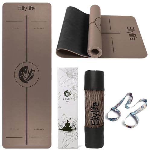 Ellylife Tapis de Yoga Antidérapant Epais, avec Repères d’Alignement, Caoutchouc Naturel + Eco PU, Doux pour la peau, Adhérence Élevée, avec Sangle, Sac à Dos et Emballage Élégant, pour Yoga Pilates