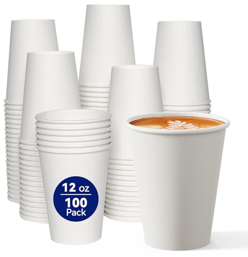 JOLLY CHEF 100 Pack 12oz White Paper Cups Disposable Coffee Cups Hot & Cold | Strong and Leak-proof Drinking Cups for Parties, Picnics, Trips, The Office, The Home and All Kinds of Occasions