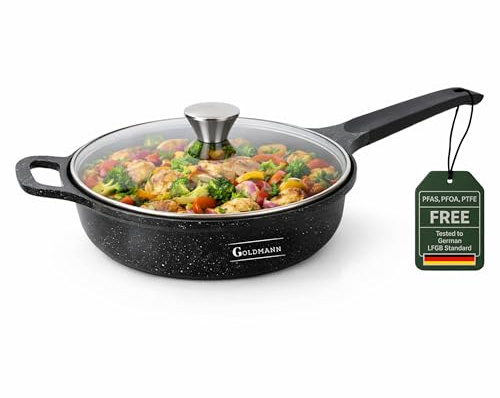Goldmann Sartén honda de 24 cm, de aluminio fundido antiadherente con tapa, revestimiento cerámico efecto mármol, apta para inducción y todo tipo de cocinas, libre de PFOA.