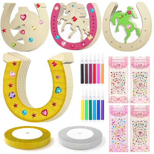 kelav Madera Herradura Decoracion, 24 Piezas Herradura Caballo Manualidades + 12 Lápiz de Acuarela + 4 Hojas Pegatinas + 2 Rollos Cinta, Manualidades para Proyectos de Bricolaje Bodas