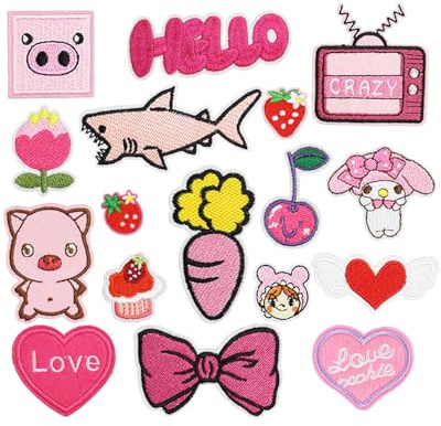 FUGLUS 17Pcs parches bordados de color rosa al azar, varios estilos, parches para planchar con temática rosa para niñas, vaquera occidental, parches de reparación para coser