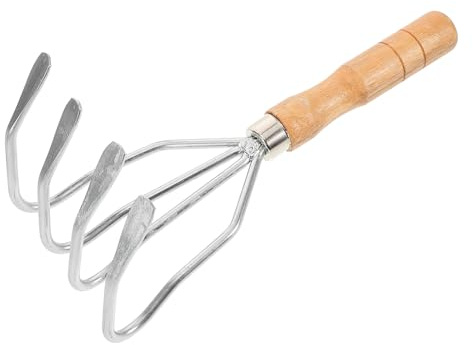 SHINEOFI Râteau à Palourdes Manuel en Métal 4 Dents Poignée en Bois pour Jardinage et Plage, Outil Polyvalent pour Creuser, Ramasser Coquillages, Plage et Entretien du Jardin