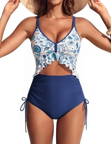 Hanna Nikole Dam baddräkt i ett stycke, magkontroll push-up simdräkt, v-ringad rynkad monokinis, dragsko vadderad sexig baddräkt, Blå blommor, XL