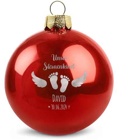 GRAVURZEILE Weihnachtskugel mit Gravur - Sternenkind - Personalisiert mit Namen & Datum - Geschenk zur Erinnerung - Festliche Christbaumkugel als Weihnachtsdeko - Farbe: Rot Glänzend - Größe: 8 cm