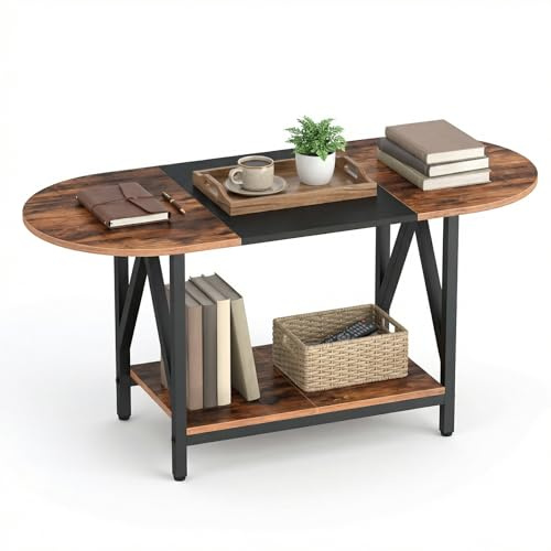 HOOBRO Mesa de Centro con Estante, Mesa Ovalada de 2 Niveles, Mesita de Centro Contemporánea, Mueble para Salón, Comedor, Marrón Vintage y Negro EBFK13KF01