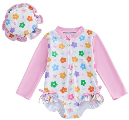 UUAISSO Traje Baño Una Pieza Manga Larga para Niña Pequeña con Gorro Protector contra Erupciones Volantes Estampado Floral y Cremallera para Playa