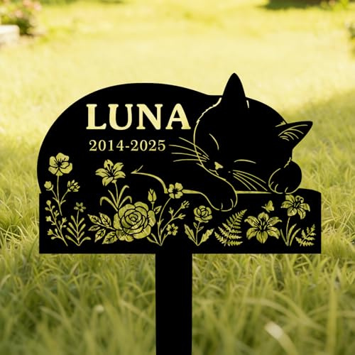Quanqiuyi Custom Cat Name Memorial Grave Stake Marker, Personalized Metal Cat Memorial Grave Stake, Cat Grave Marker Outdoor with Name and Date, Cat Memorial Gifts for Loss of Cat