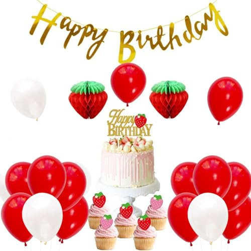 Erdbeer Thema Geburtstag Party Dekoration Set für Mädchen, Papier Wabenball, alles Gute zum Geburtstag Banner Folienballons, Cake Toppers