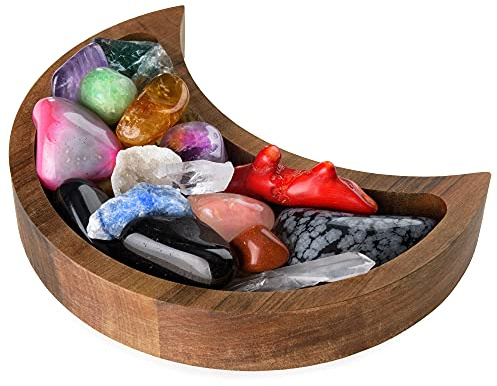 Vassoio a Forma di Luna - Mostra i tuoi cristalli e le tue pietre curative - 15.2 x 7.6 cm Ciotole di Legno Rustico - Piatto Decorativo Moderno per Cristalli Pietre - Crescent Moon Tray Crystal Holder