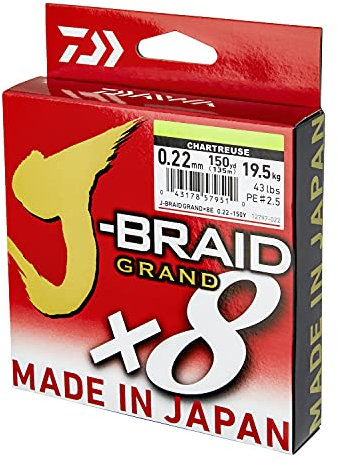 Daiwa J-Braid Grand x8E 0.22mm, 19.5kg/43.0Lbs, 2700m, Chartreuse, Geflochtene Angelschnur, 127697-322