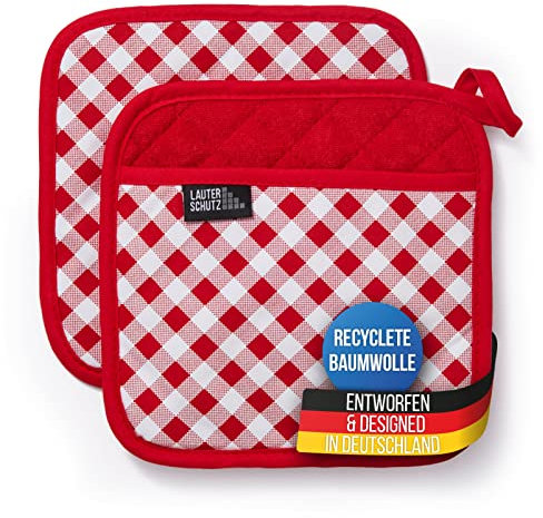 LauterSchutz® 1 paio di presine in cotone (riciclato) - Con tasca per il manico e fodera in pile - In diversi colori (Rosso)