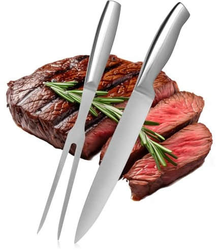 Robin Goods® 2-teiliges Tranchierbesteck-Set - Grill-Besteck aus rostfreiem Edelstahl - Fleischmesser und Fleischgabel - Bratengabel - Koch- und Küchenzubehör