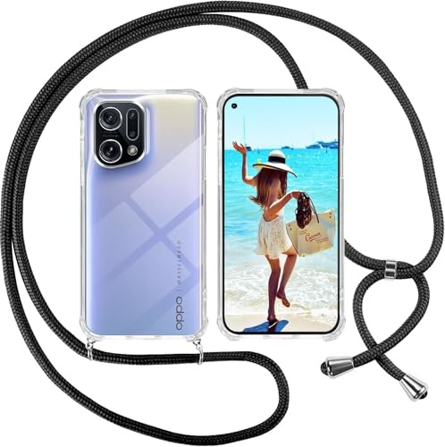 SIMao Necklace Case for OPPO Find X5 Pro, Black, TPU Silicone Case with Adjustable Lanyard, Shock-Absorbent, Waterproof