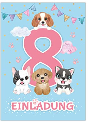 Junapack 12 Einladungskarten zum 8. Kindergeburtstag Einladung zum achten Geburtstag Mädchen Hunde