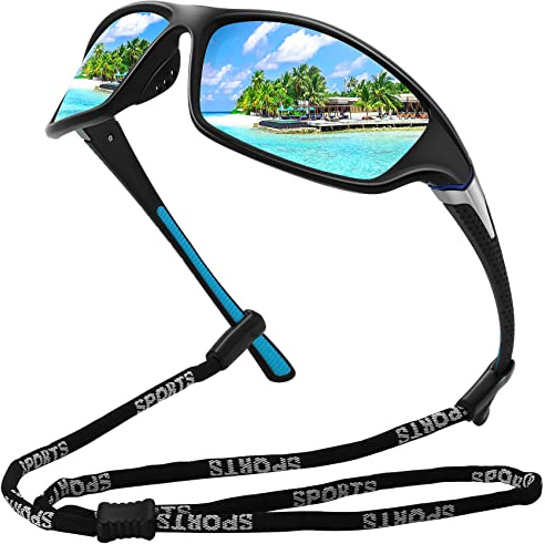 MEETSUN Lunettes de soleil de sport polarisées pour les hommes, les femmes, la conduite, le cyclisme, la pêche - 100% UV400 Protection - Oculaire miroir bleu pour monture noire