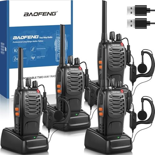 Professionelles Walkie-Talkie für Erwachsene mit extrem großer Reichweite, wiederaufladbarem Akku, 16 Kanälen, USB-Ladegerät und Kopfhörern mit VOX-Funktion (schwarz, 4 Stück)