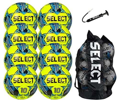 Select Numero 10 - Balón de fútbol, paquete de 8 pelotas con bolsa de lona y bomba de mano, amarillo/azul V22, tamaño 5